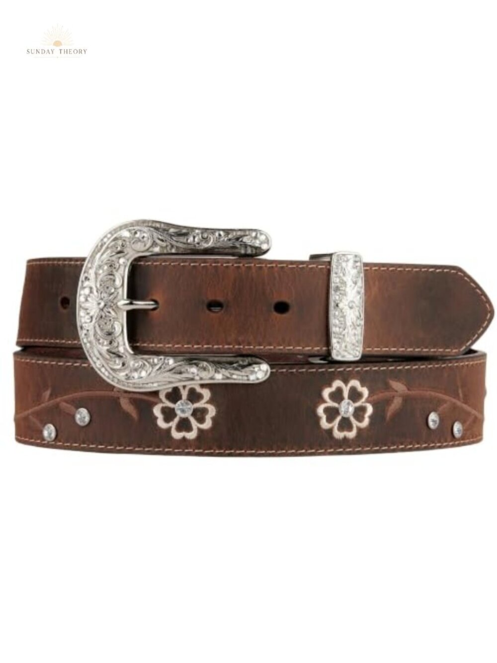 Leather Western Belt Detachable Rhinestone Silver Buckle Floral Conchos